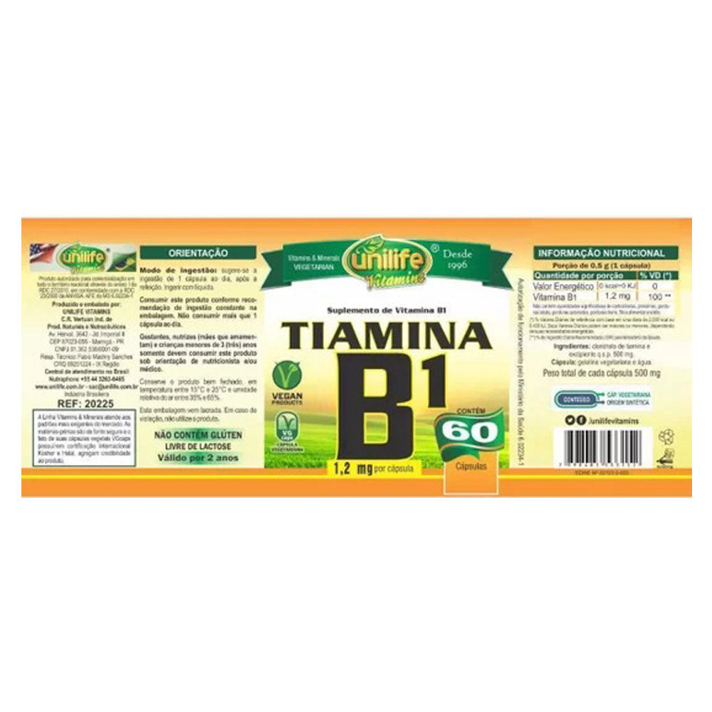 Vitamina B1 Tiamina - Unilife - 60 Cápsulas