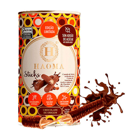 Lata de Canudos de Wafer c/ Chocolate 56% Cacau Sem Açúcar Haoma 150g