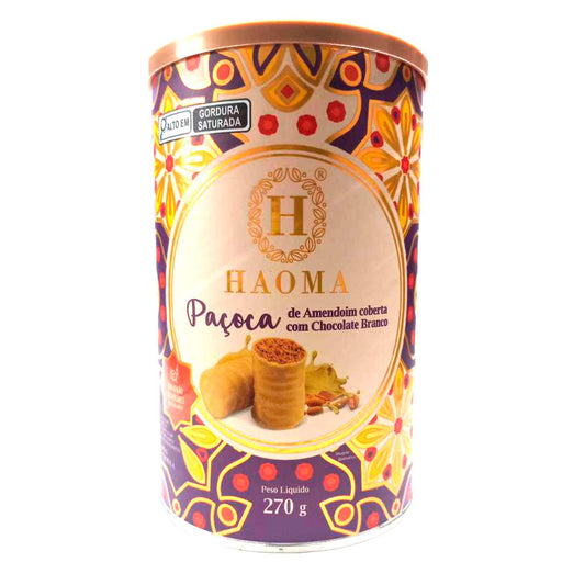 Lata de Paçoca Amendoim Cobertura Chocolate Branco Haoma 270g