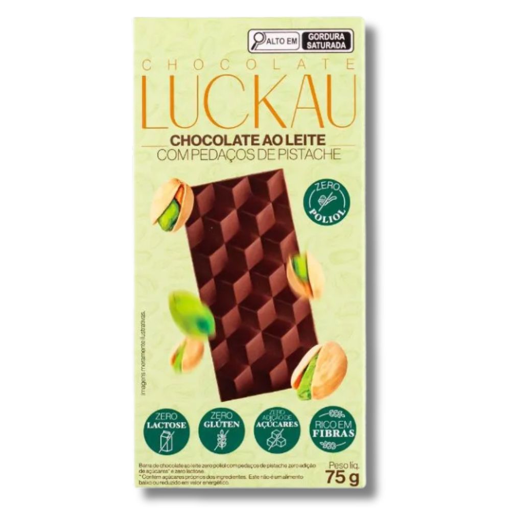 Barra de Chocolate ao Leite Com Pistache Luckau 75g